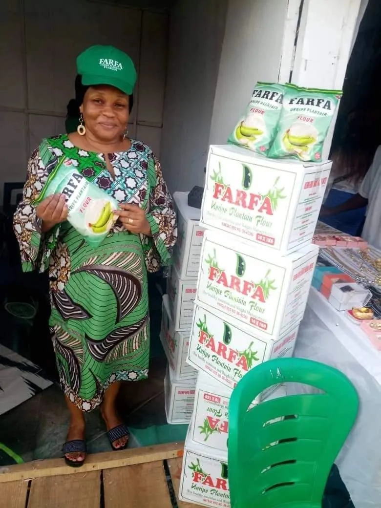 Packs and cartons of Farfa Unripe Plantain Flour at the farm